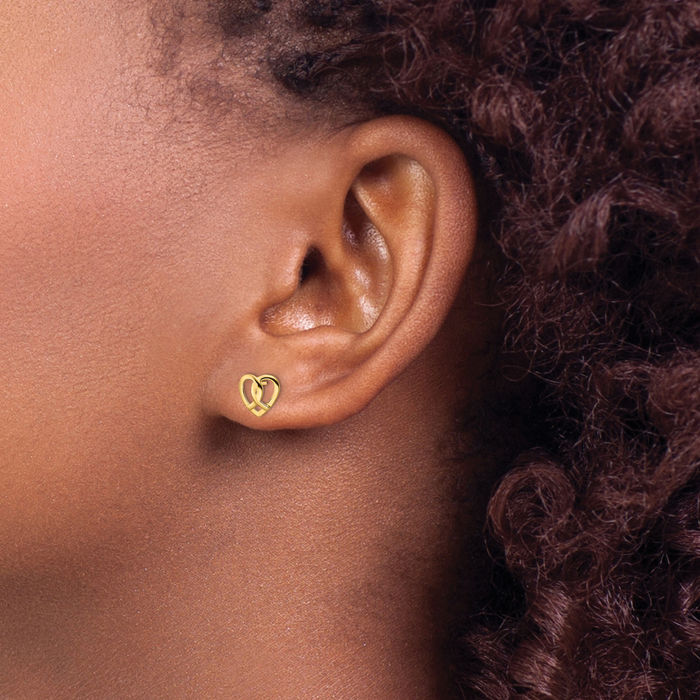 14K Solid Yellow Gold Heart Stud Earrings
