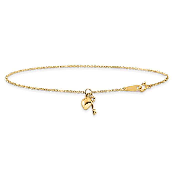 14K Solid Yellow Gold Heart Key Anklet Summer Beach Foot Ankle Bracelet