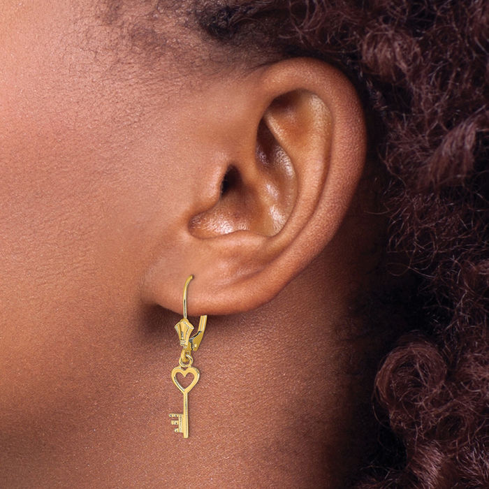 14K Solid Yellow Gold Heart Key Drop Dangle Earrings