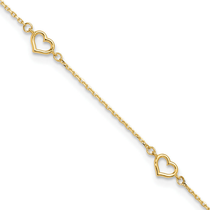 14K Solid Yellow Gold Heart Link Anklet Summer Beach Foot Ankle Bracelet