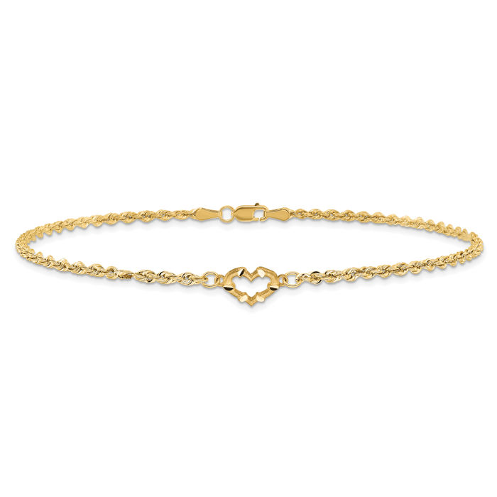 14K Solid Yellow Gold Heart Rope Chain Anklet Summer Beach Foot Ankle Bracelet