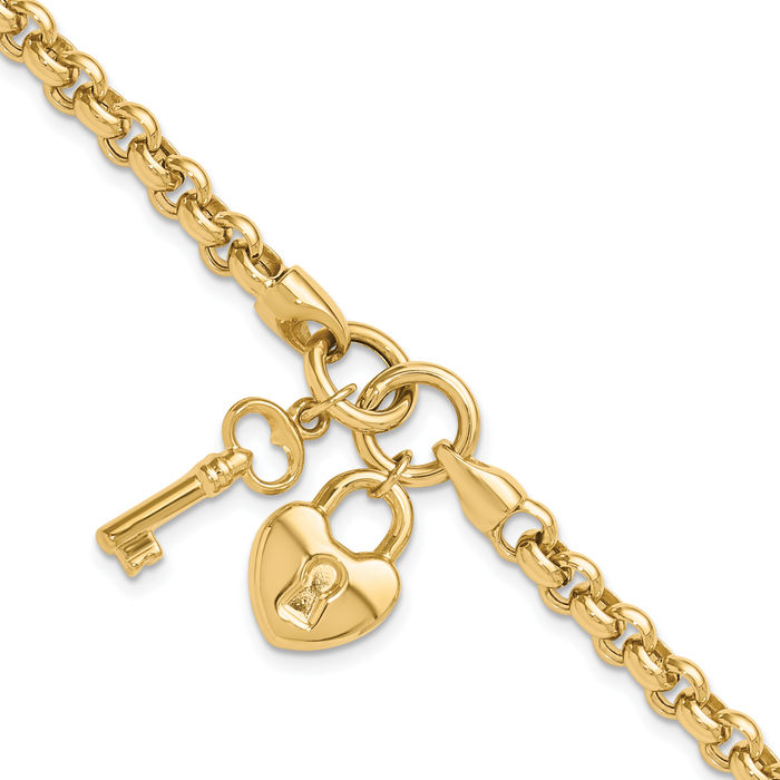 14K Solid Yellow Gold Heart Lock Key Chain Charm Bracelet