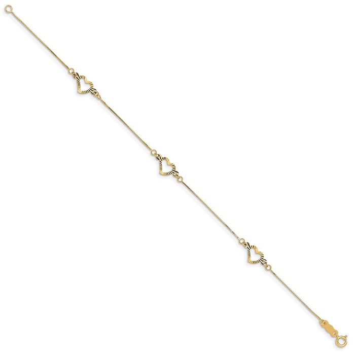14K Solid Yellow Gold Heart Chain Charm Bracelet