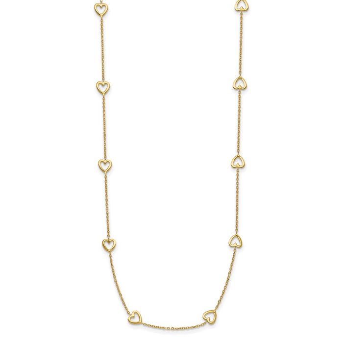 14K Solid Yellow Gold Heart Station Necklace Chain