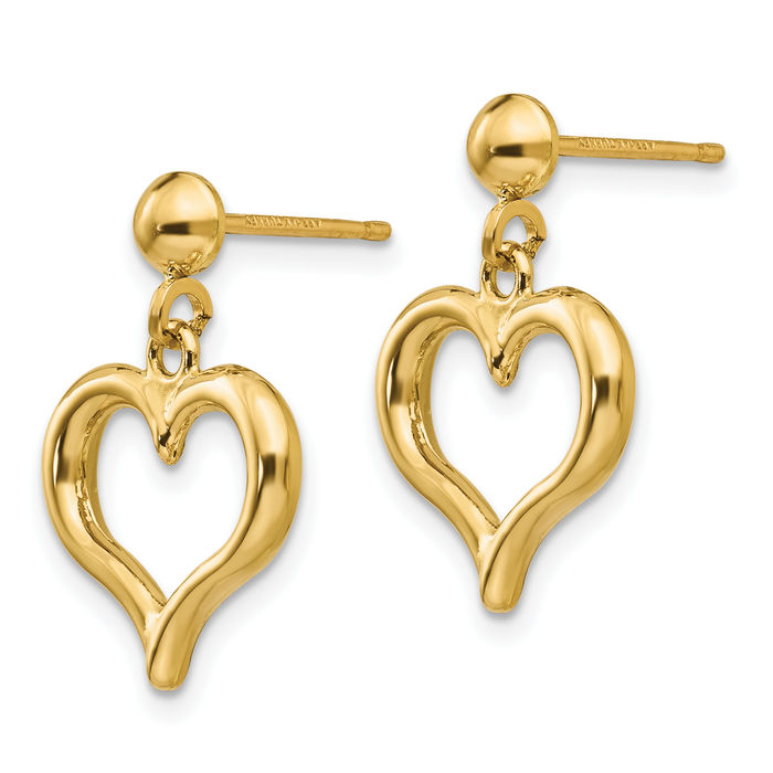 14K Solid Yellow Gold Heart Post Drop Dangle Earrings