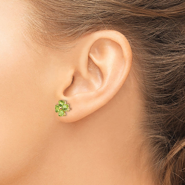 14K Solid Yellow Gold Heart Shaped Green Peridot Flower Stud Earrings August Birthstone Jewelry