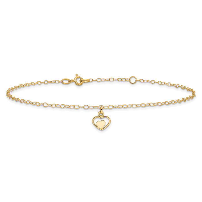 14K Solid Yellow Gold Heart Anklet Summer Beach Foot Ankle Bracelet