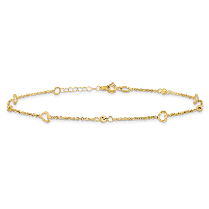 14K Solid Yellow Gold Heart Anklet Summer Beach Foot Ankle Bracelet