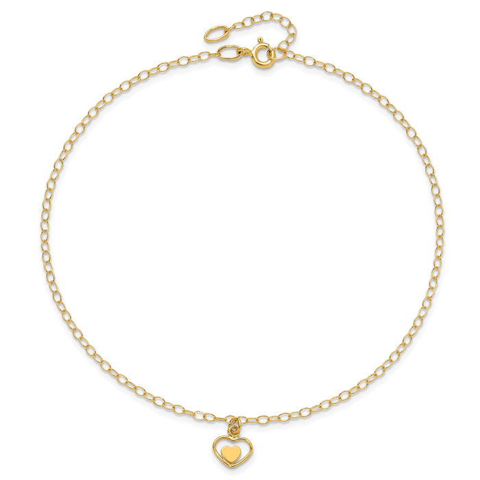 14K Solid Yellow Gold Heart Anklet Summer Beach Foot Ankle Bracelet