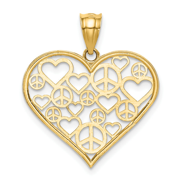 14K Solid Yellow Gold Heart Peace Signs Necklace Love Pendant Charm