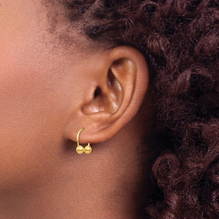14K Solid Yellow Gold Small Hoop Beaded Drop Dangle Earrings