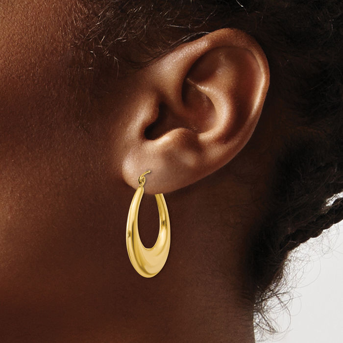 14K Solid Yellow Gold Oval Medium Hoop Earrings