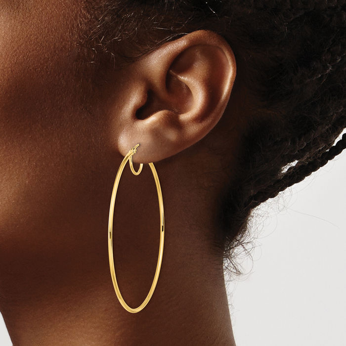 14K Solid Yellow Gold Round Large Hoop Earrings