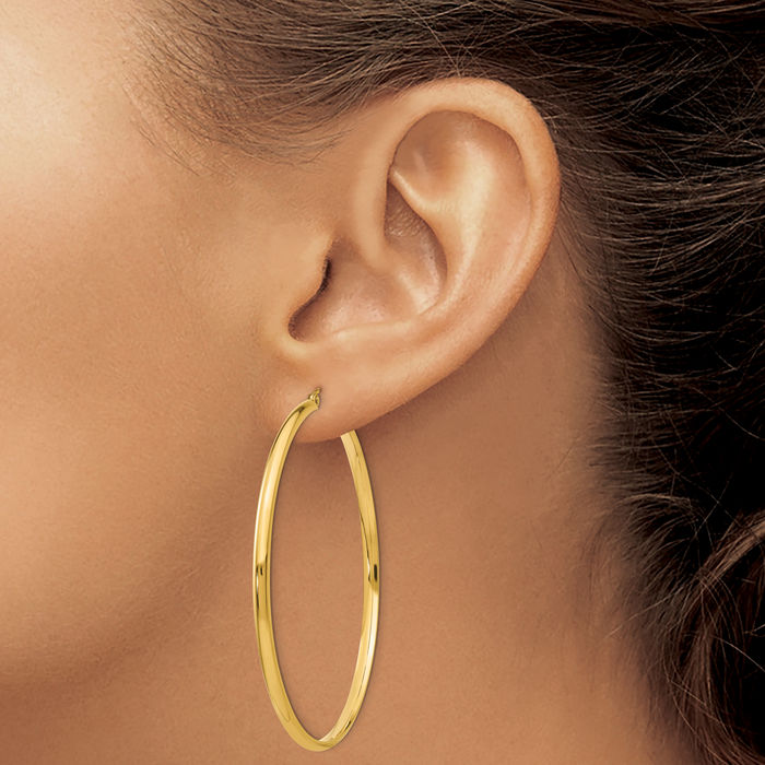 14K Solid Yellow Gold Round Large Hoop Earrings