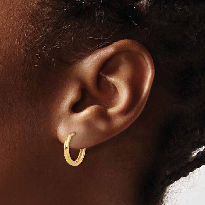 14K Solid Yellow Gold Round Huggie Small Hoop Earrings