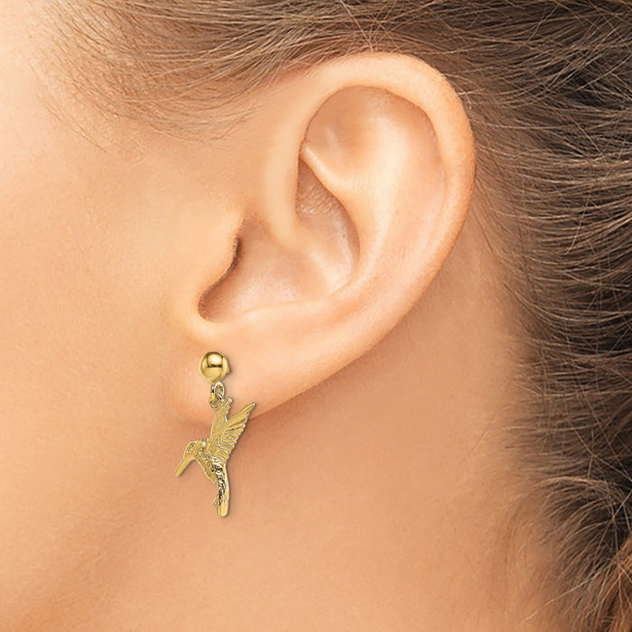 14K Solid Yellow Gold Hummingbird Post Drop Dangle Earrings