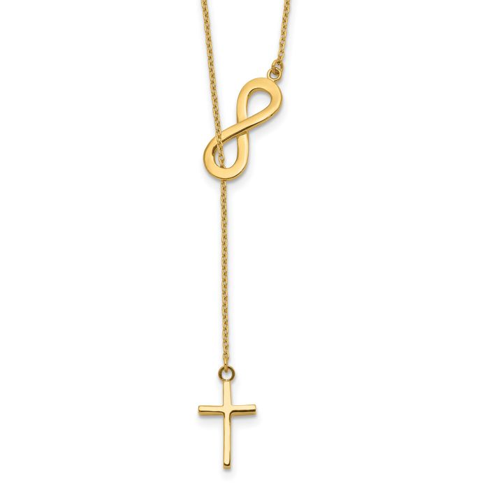 14K Solid Yellow Gold Infinity Twisted Love Knot Symbol Holy Cross Lariat Chain Necklace