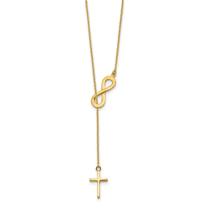 14K Solid Yellow Gold Infinity Twisted Love Knot Symbol Holy Cross Lariat Chain Necklace