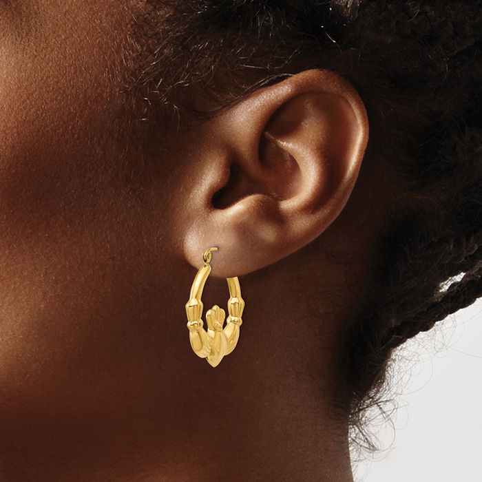 10K Solid Yellow Gold Heart Irish Claddagh Celtic Medium Hoop Earrings Jewelry