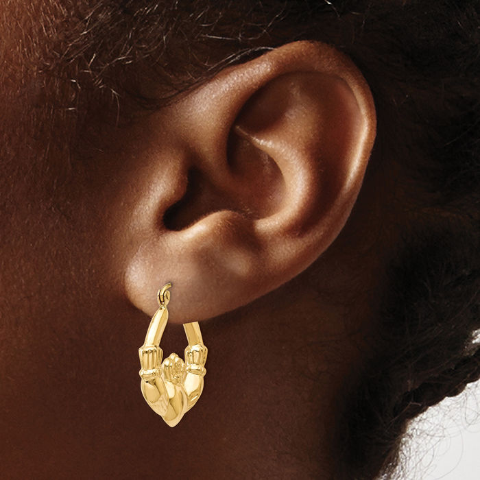 14K Solid Yellow Gold Heart Irish Claddagh Celtic Medium Hoop Earrings Jewelry