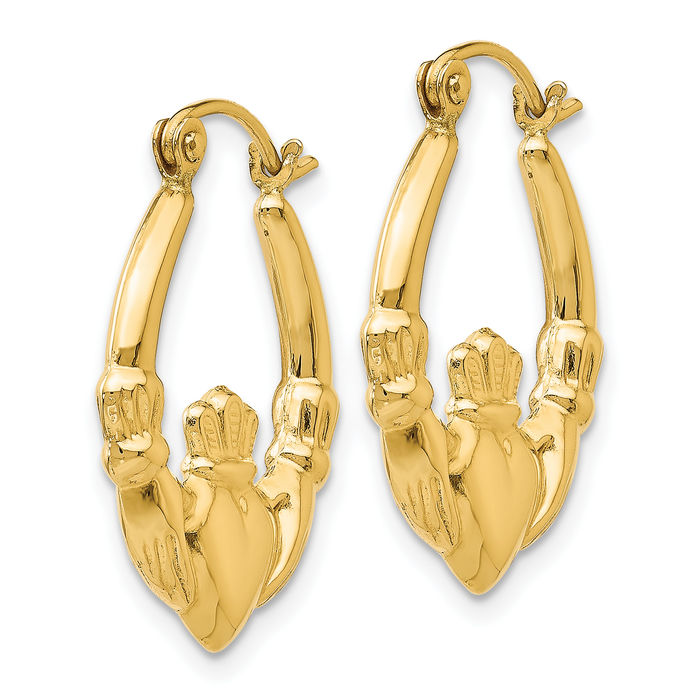 14K Solid Yellow Gold Heart Irish Claddagh Celtic Medium Hoop Earrings Jewelry