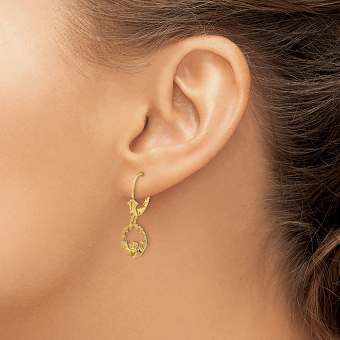 14K Solid Yellow Gold Heart Irish Claddagh Celtic Circle Round Drop Dangle Earrings Jewelry