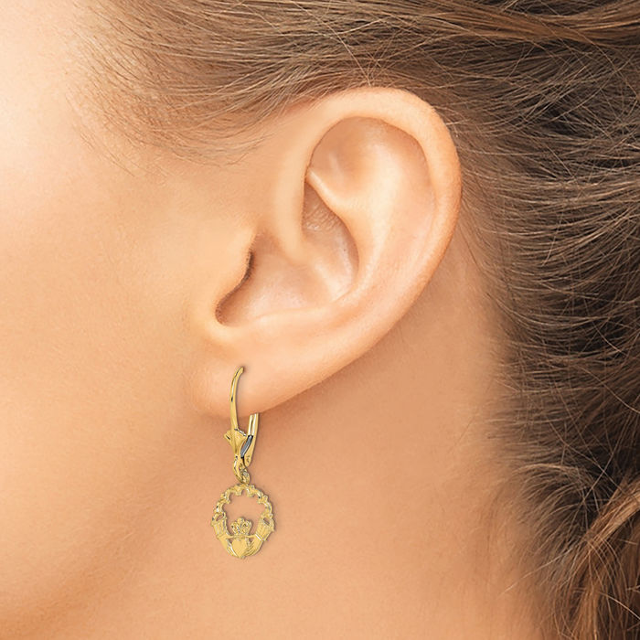 14K Solid Yellow Gold Heart Irish Claddagh Celtic Drop Dangle Earrings Jewelry