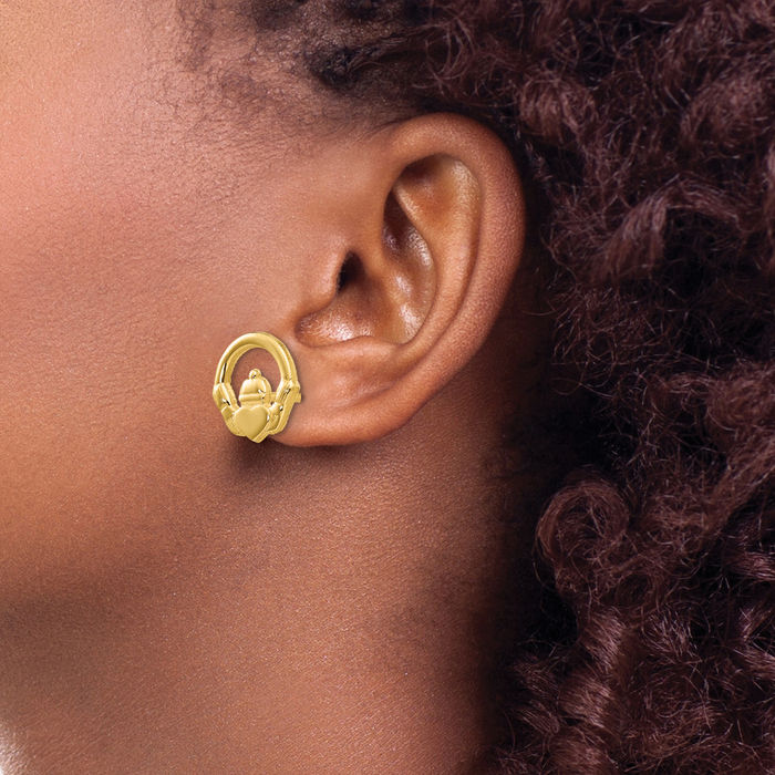 14K Solid Yellow Gold Heart Irish Claddagh Celtic Stud Earrings Jewelry