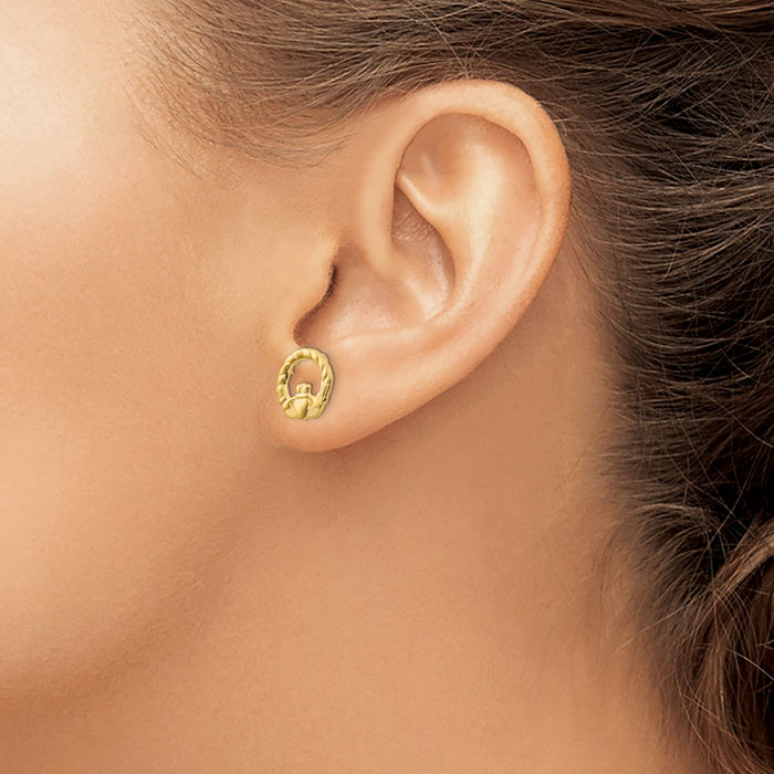 14K Solid Yellow Gold Heart Irish Claddagh Celtic Stud Earrings Jewelry