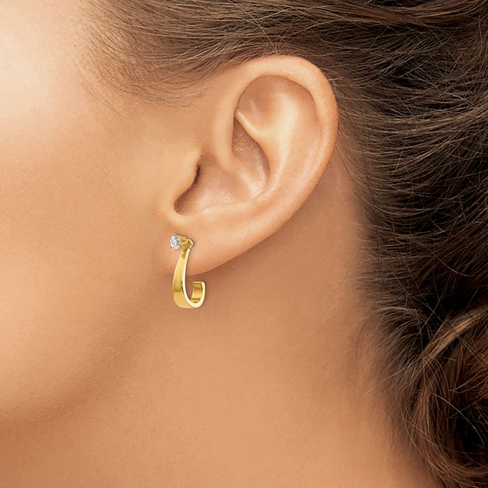 14K Solid Yellow Gold J Hoop Cubic Zirconia CZ Stud Earring Jackets for Studs