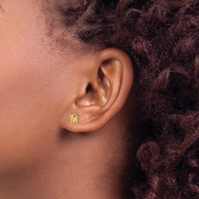 14K Solid Yellow Gold Kitten Cat Stud Earrings