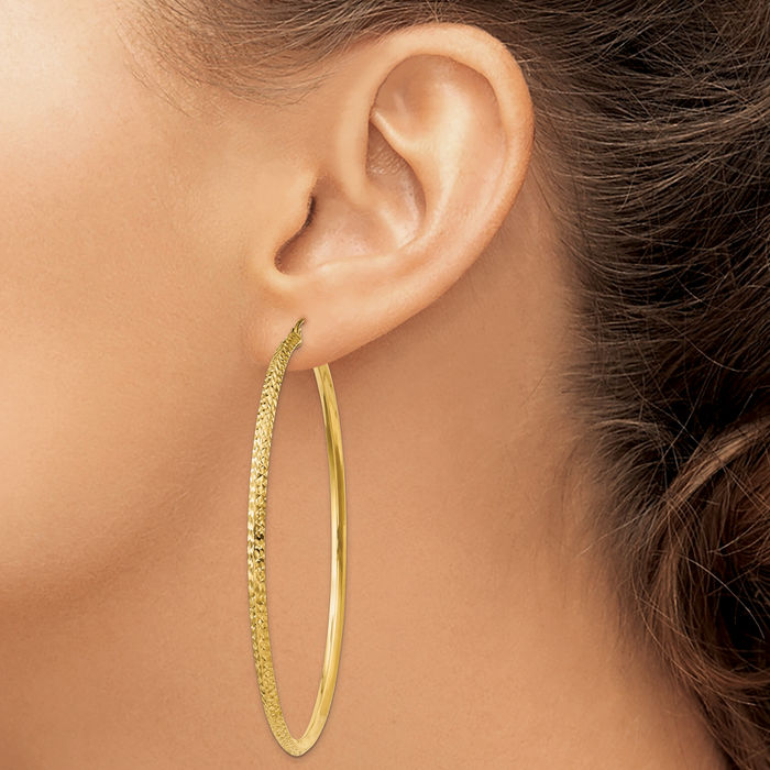 14K Solid Yellow Gold Knife Edge Round Large Hoop Earrings