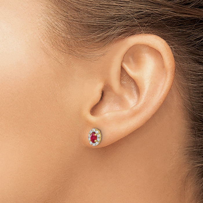 14K Solid Yellow Gold Lab Diamond Red Ruby Studs Gemstone Earrings