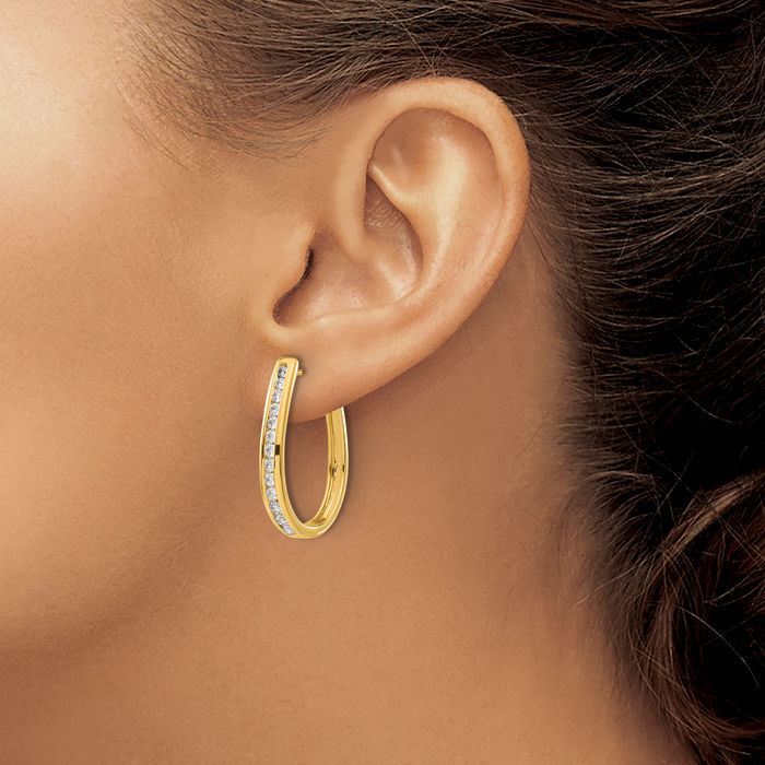 14K Solid Yellow Gold Lab Diamond Oval Hoop Earrings