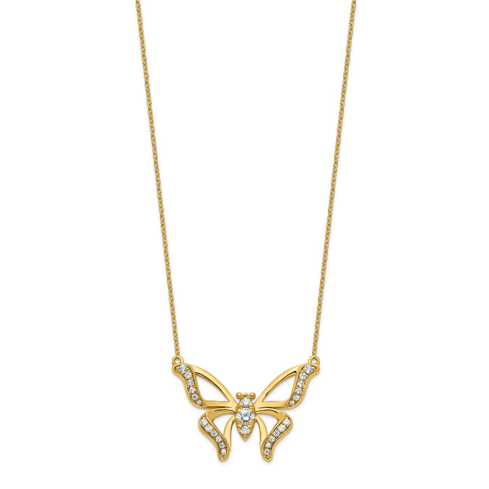 14K Solid Yellow Gold Lab Diamond Butterfly Wings Chain Necklace