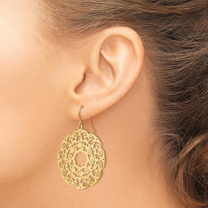14K Solid Yellow Gold Lace Antique Filigree Drop Dangle Earrings