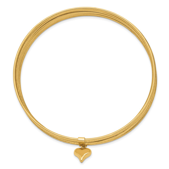 14K Solid Yellow Gold Dangling Heart Set of 7 Slip On Bangle Bracelet