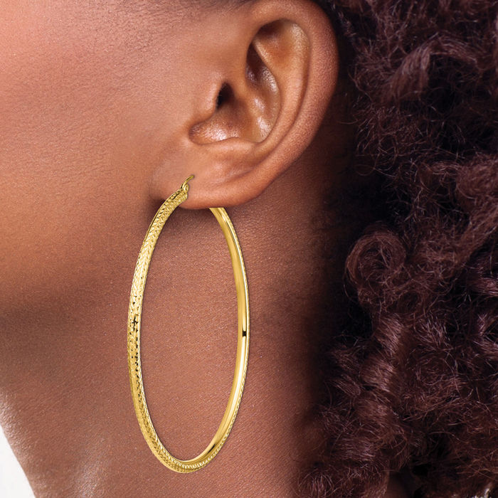 14K Solid Yellow Gold 3mm Round Extra Large Hoop Earrings