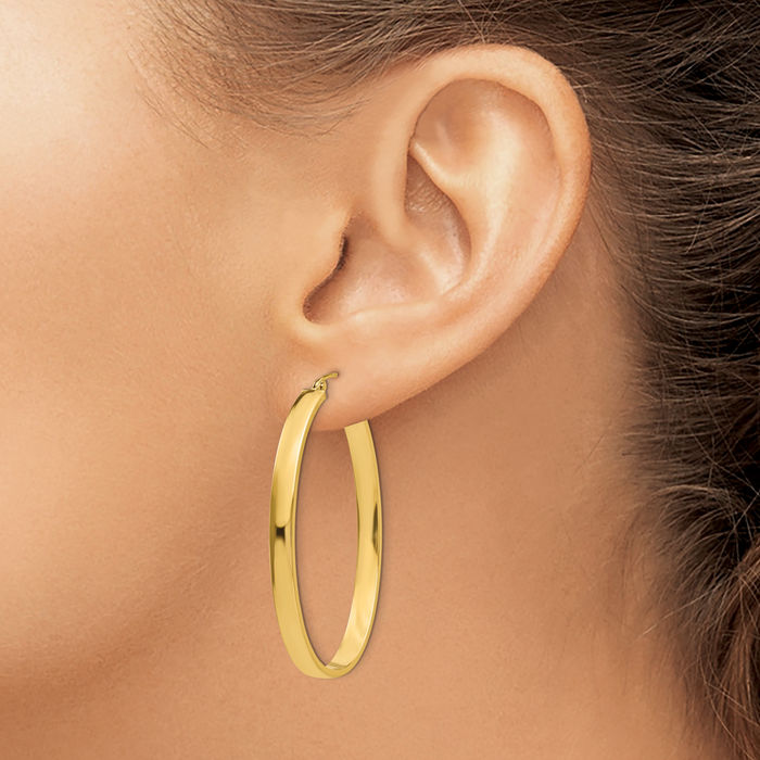 14K Solid Yellow Gold Oval Large Hoop Earrings