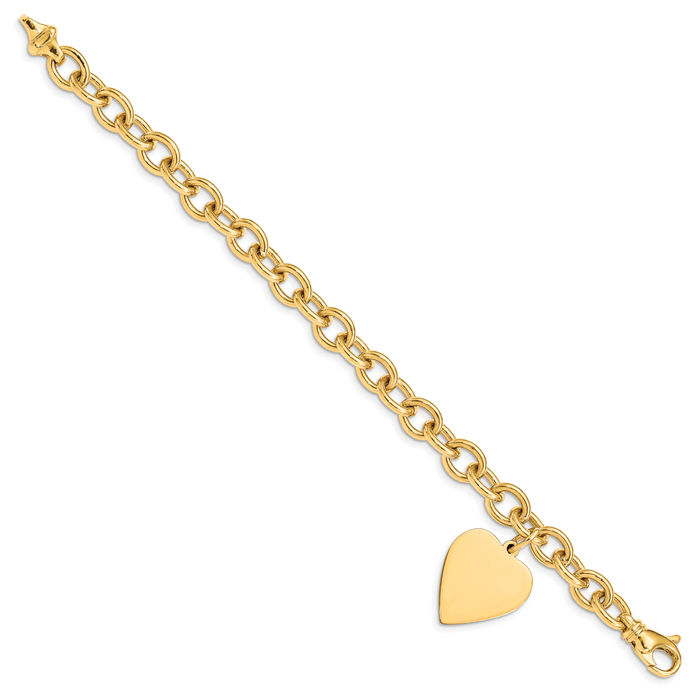 14K Solid Yellow Gold Link Heart Charm Bracelet