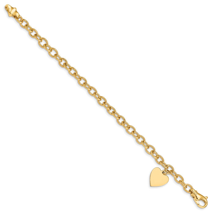 14K Solid Yellow Gold Link Heart Charm Bracelet