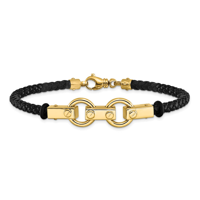 14K Solid Yellow Gold Link Chain Leather Bracelet