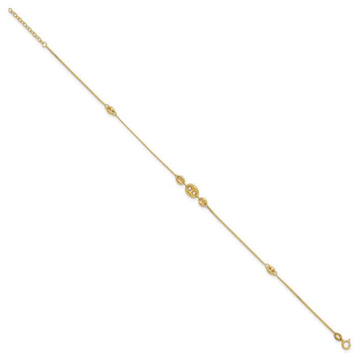 14K Solid Yellow Gold Link 3 Station Anklet Summer Beach Foot Ankle Bracelet