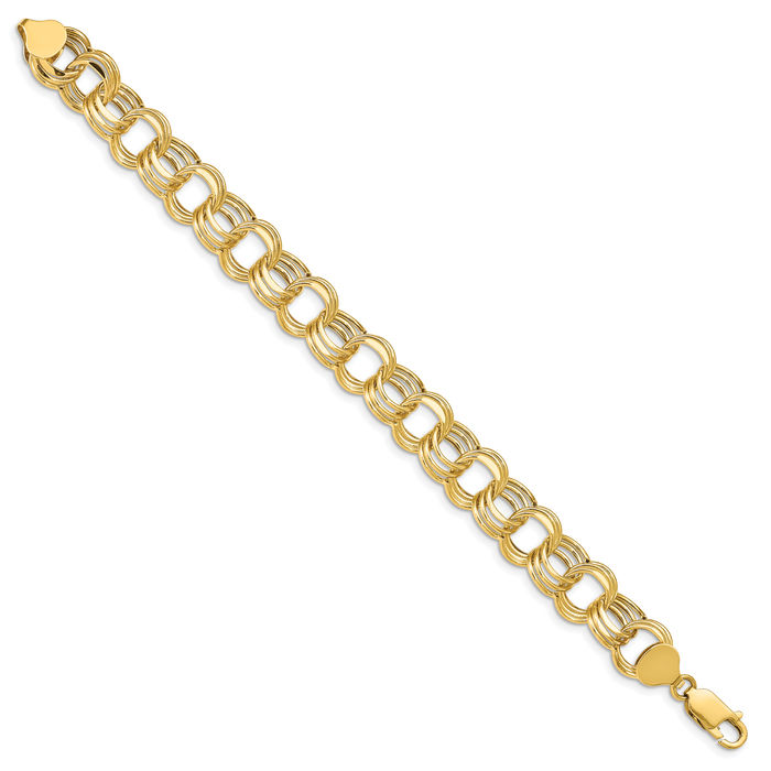 14K Solid Yellow Gold Lite 11mm Triple Link Chain Charm Bracelet