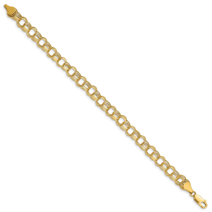 14K Solid Yellow Gold Lite 7mm Triple Link Chain Charm Bracelet