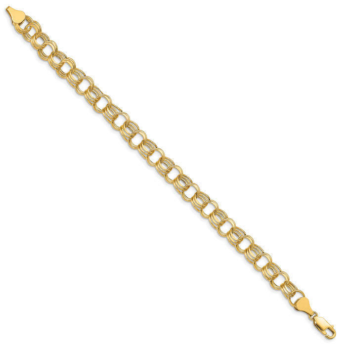 14K Solid Yellow Gold Lite 8mm Triple Link Chain Charm Bracelet