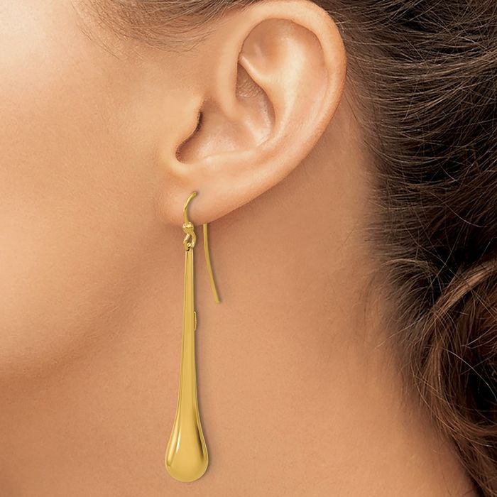 14K Solid Yellow Gold Long Teardrop Shephard Hook Drop Dangle Earrings