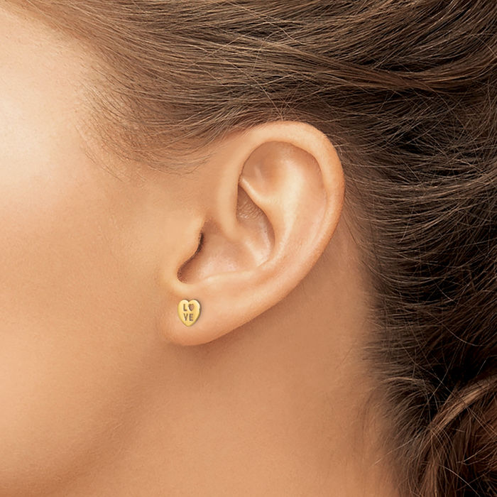 14K Solid Yellow Gold Love Heart Stud Earrings