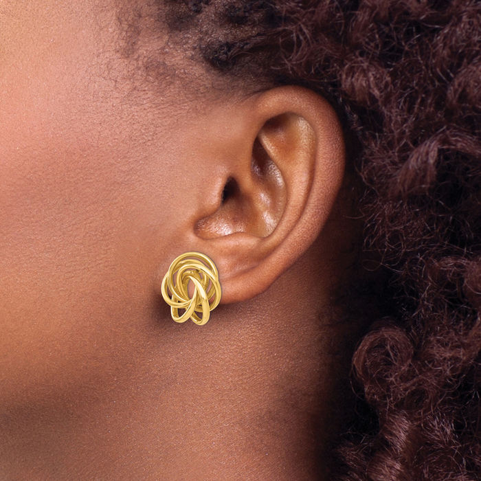 14K Solid Yellow Gold Twisted Love Knot Symbol Stud Earrings