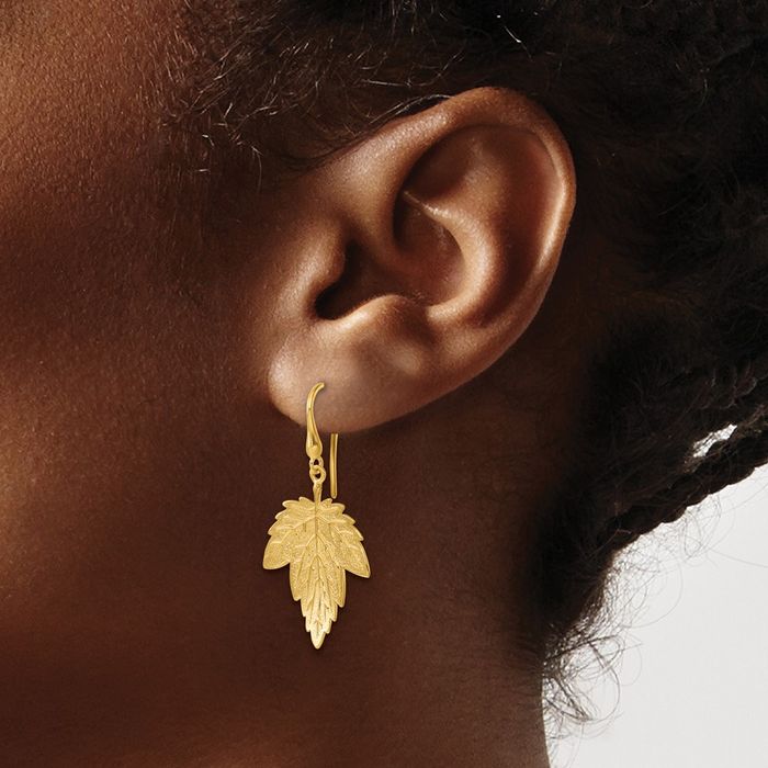 14K Solid Yellow Gold Maple Leaf Shephard Hook Drop Dangle Earrings